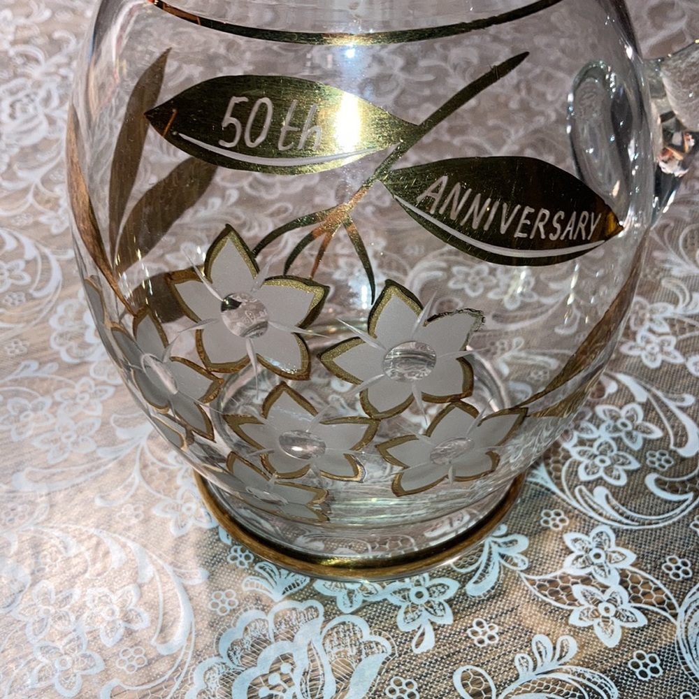Golden Anniv (50) glass pitcher, 8” hi x 5”+2” handle, intact gold dec.    $15 - Picture 2 of 5